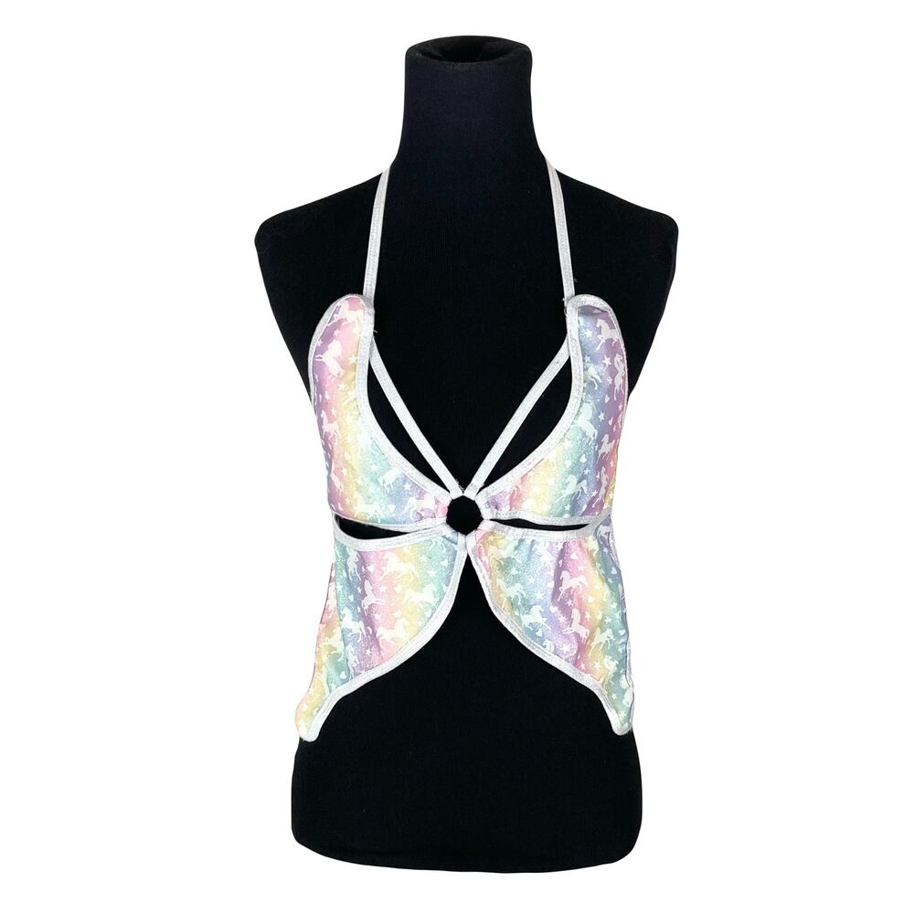 JANE NORMAN Top ~S Multicolor Pastel Unicorn Butterfly Tie-Up